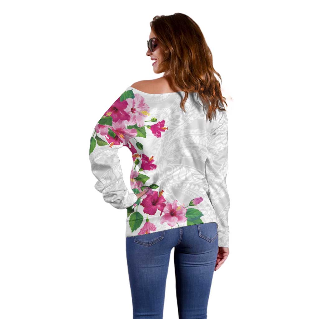 Hawaiian Hibiscus and Art Polynesian Tattoo Off Shoulder Sweater White Color LT03 - Polynesian Pride