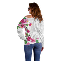 Hawaiian Hibiscus and Art Polynesian Tattoo Off Shoulder Sweater White Color LT03 - Polynesian Pride
