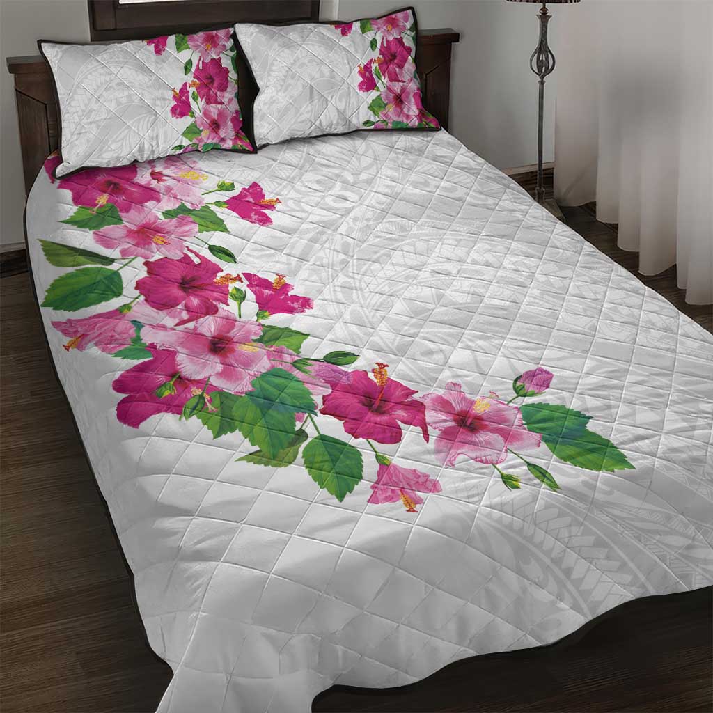 Hawaiian Hibiscus and Art Polynesian Tattoo Quilt Bed Set White Color