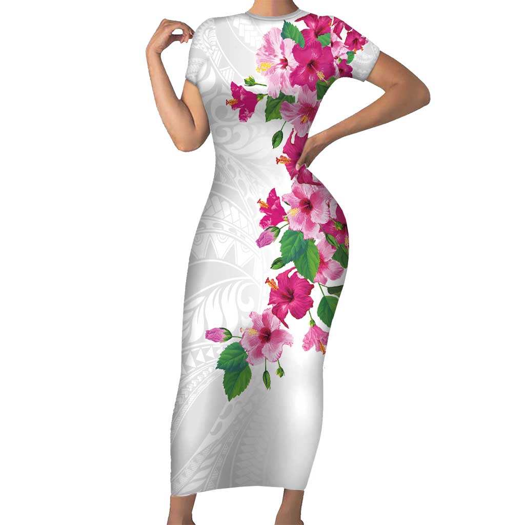 Hawaiian Hibiscus and Art Polynesian Tattoo Short Sleeve Bodycon Dress White Color