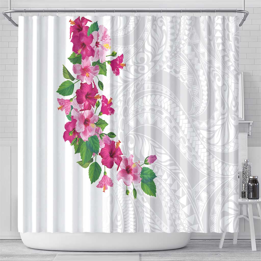 Hawaiian Hibiscus and Art Polynesian Tattoo Shower Curtain White Color LT03 - Polynesian Pride
