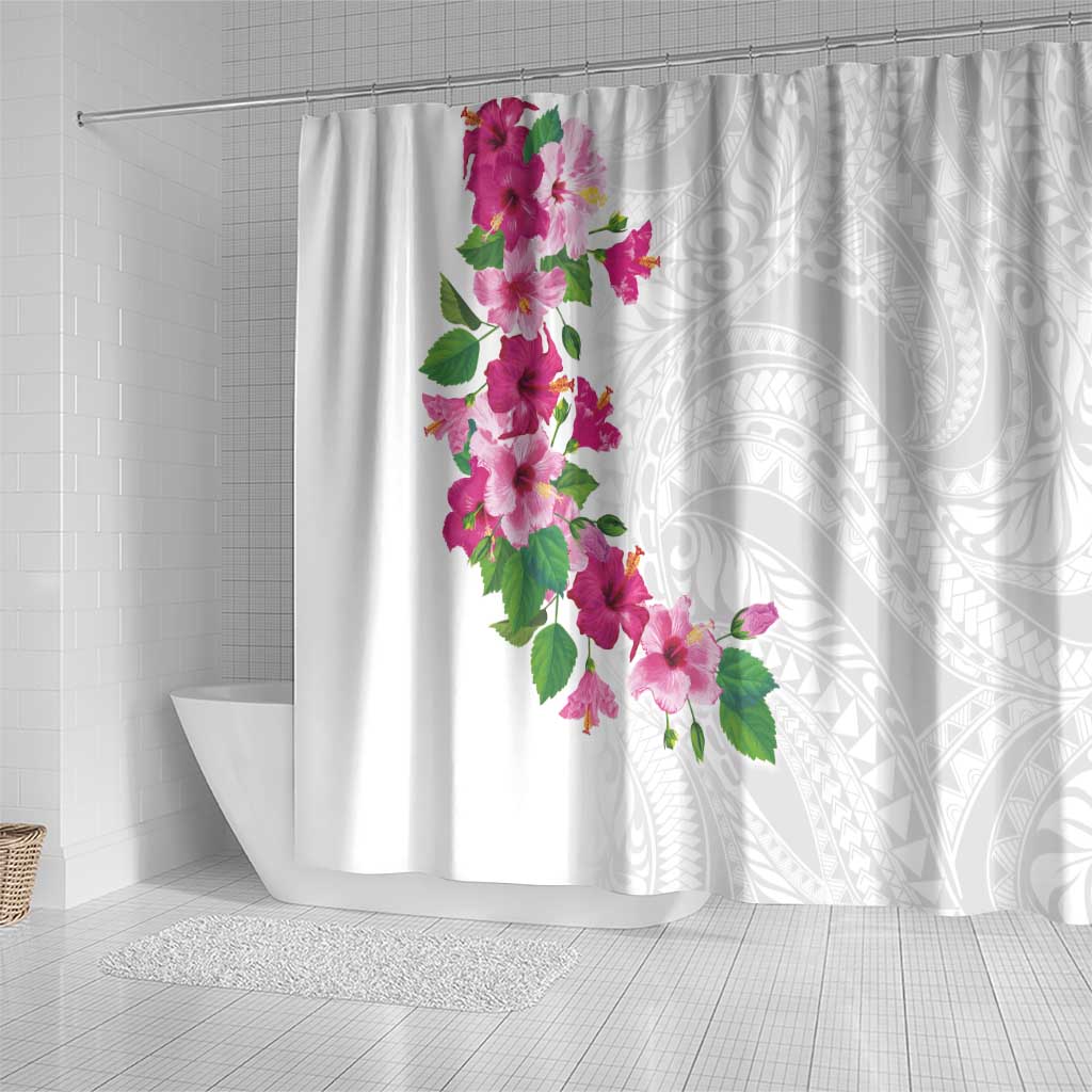 Hawaiian Hibiscus and Art Polynesian Tattoo Shower Curtain White Color LT03 - Polynesian Pride