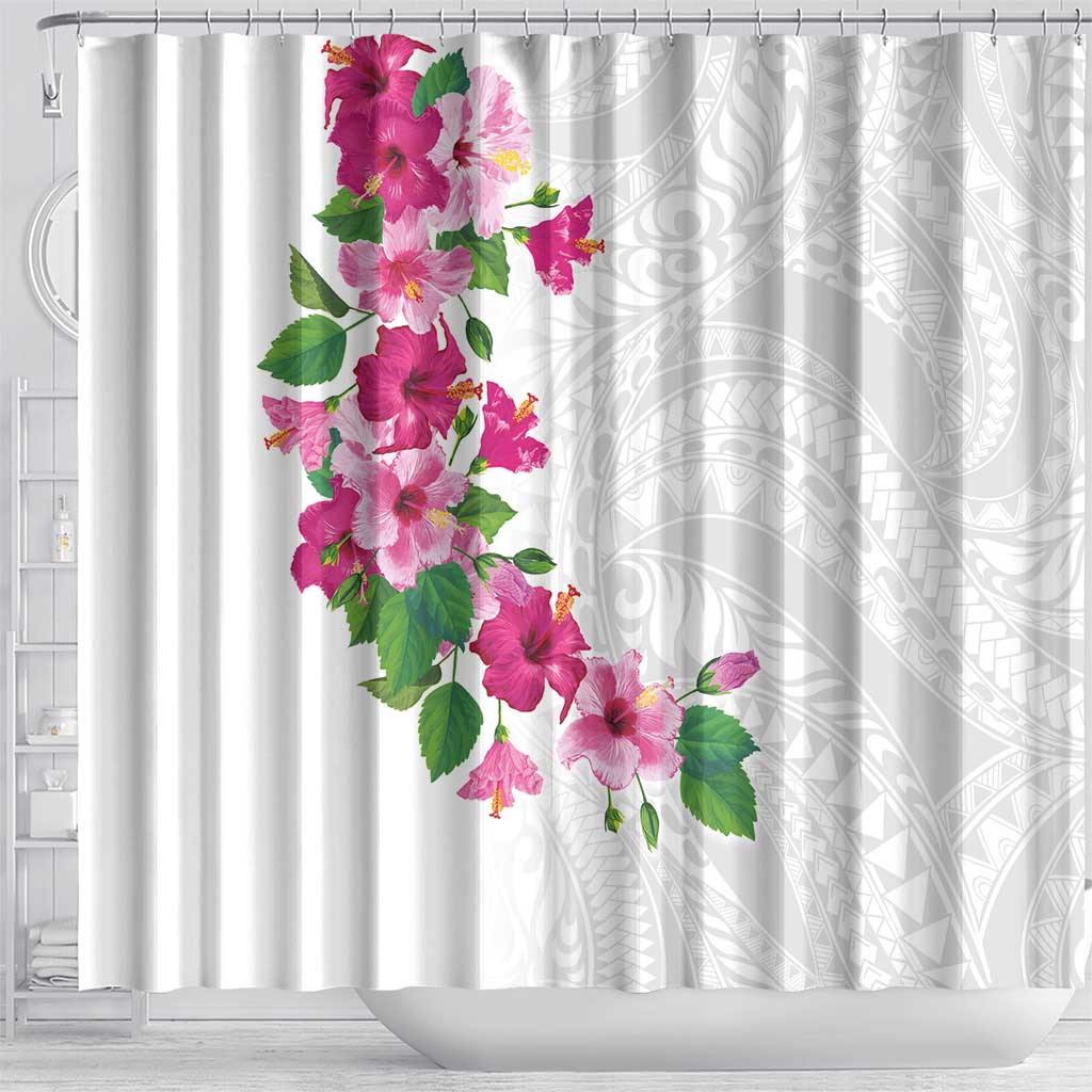Hawaiian Hibiscus and Art Polynesian Tattoo Shower Curtain White Color LT03 - Polynesian Pride