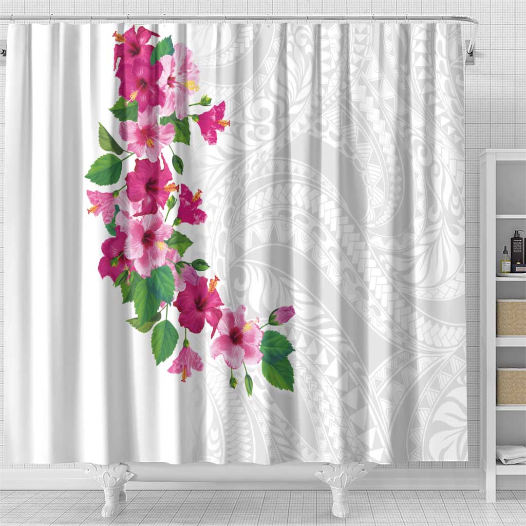 Hawaiian Hibiscus and Art Polynesian Tattoo Shower Curtain White Color LT03 - Polynesian Pride