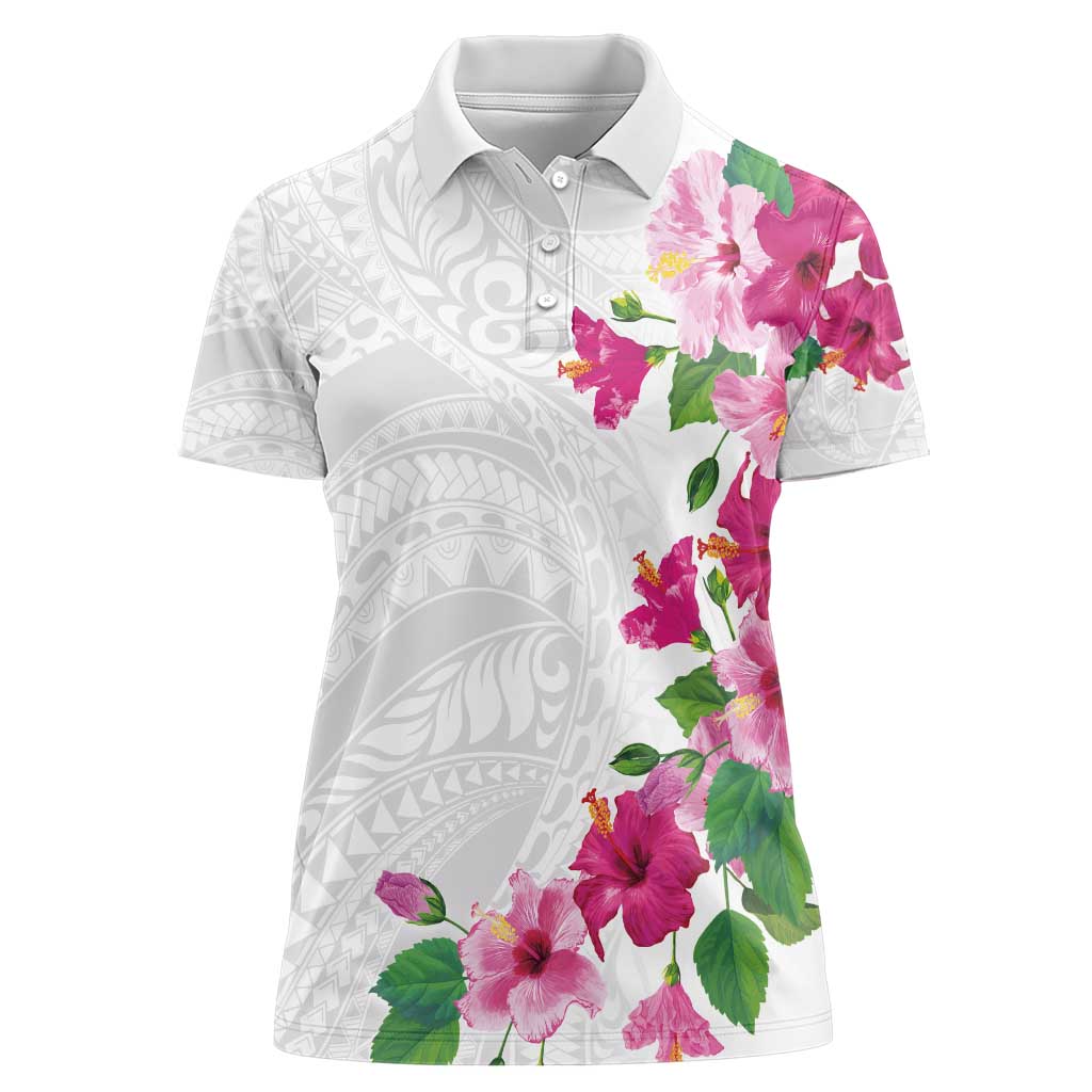 Hawaiian Hibiscus and Art Polynesian Tattoo Women Polo Shirt White Color