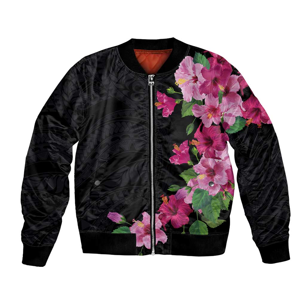 Hawaiian Hibiscus and Art Polynesian Tattoo Bomber Jacket Black Color LT03 Unisex Black - Polynesian Pride