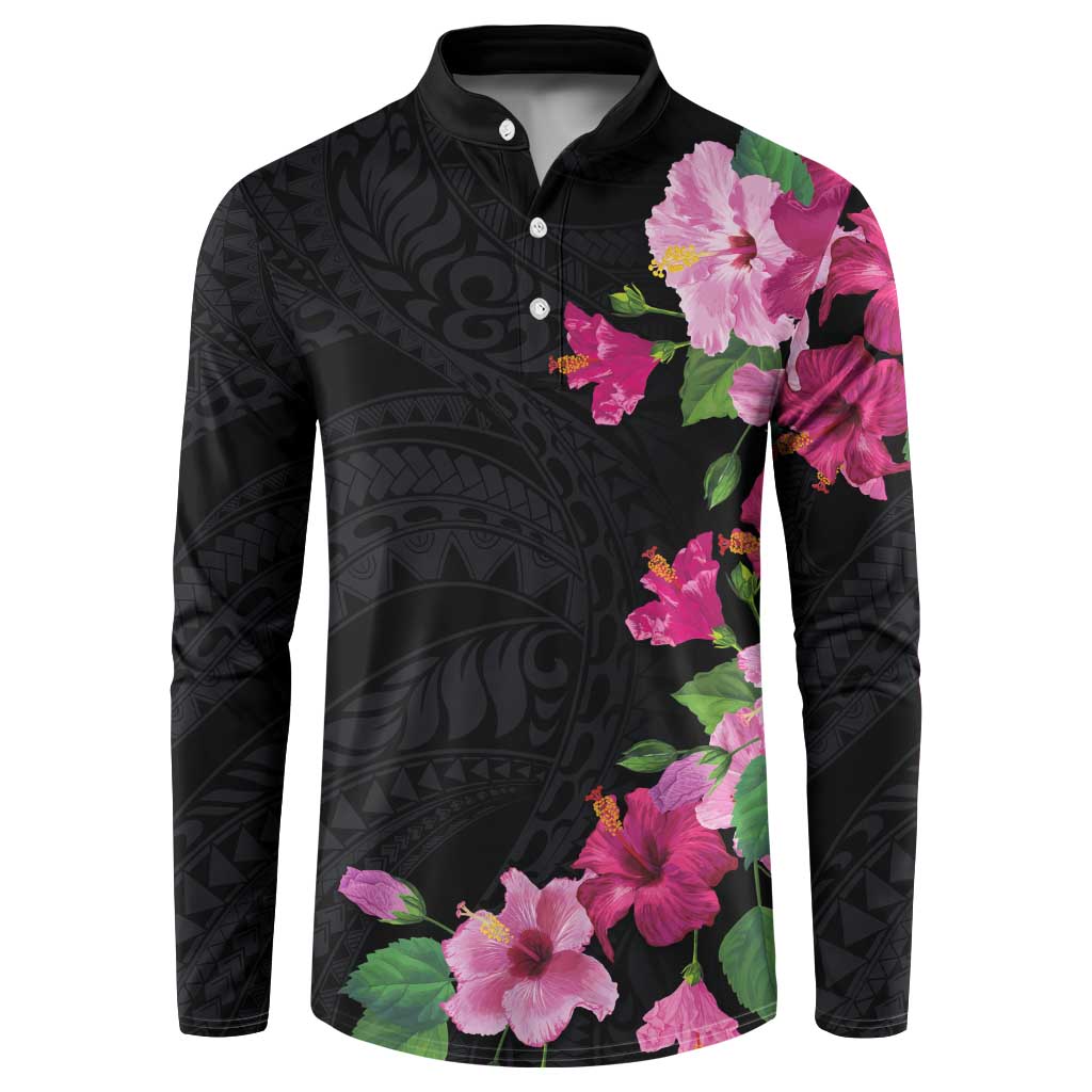 Hawaiian Hibiscus and Art Polynesian Tattoo Button Sweatshirt Black Color LT03 Black - Polynesian Pride