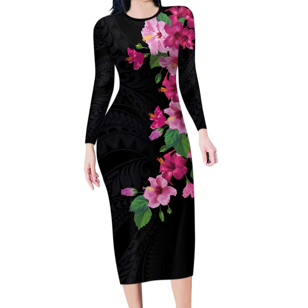 Hawaiian Hibiscus and Art Polynesian Tattoo Long Sleeve Bodycon Dress Black Color