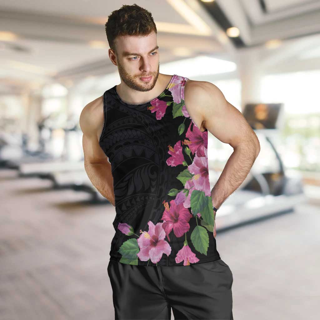 Hawaiian Hibiscus and Art Polynesian Tattoo Men Tank Top Black Color