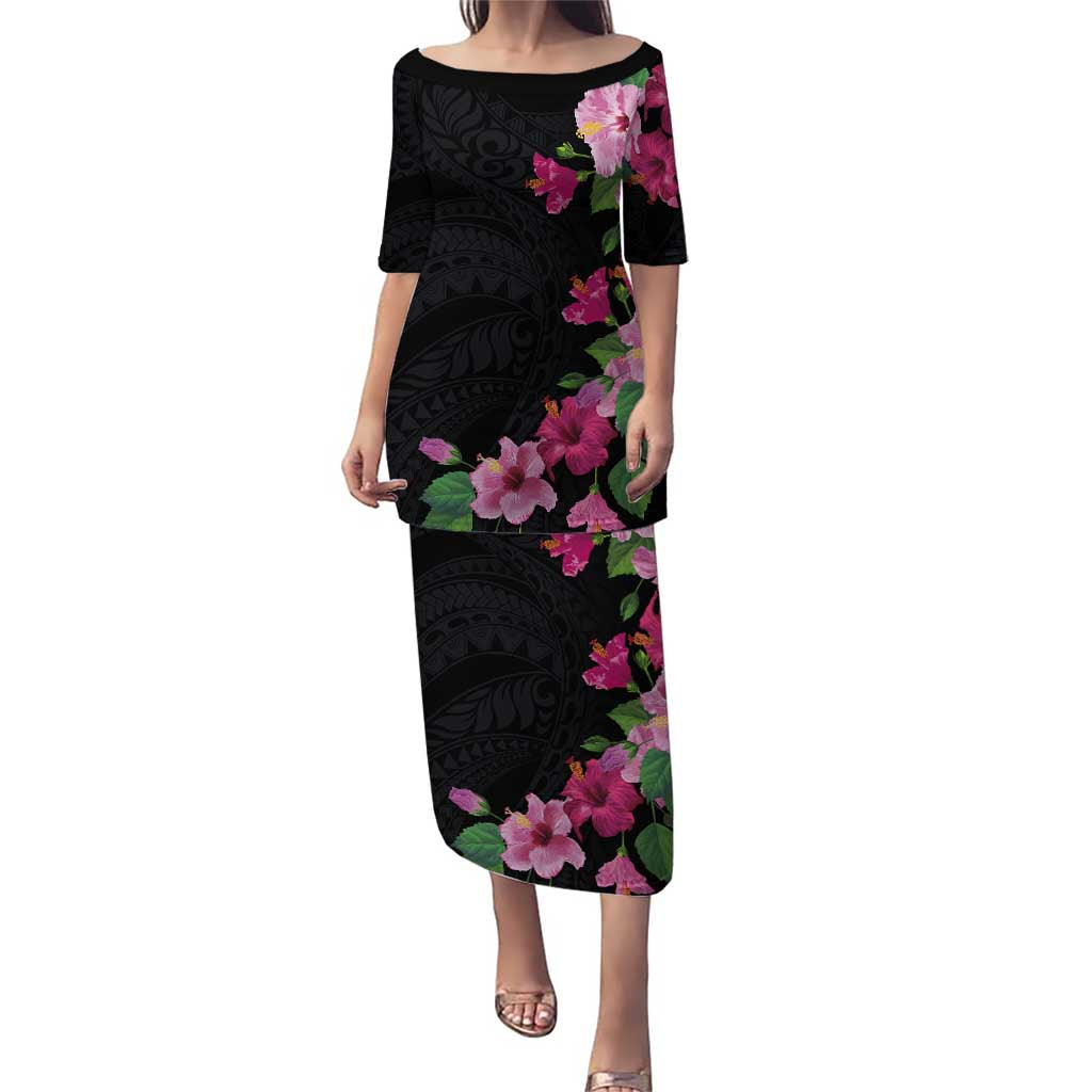 Hawaiian Hibiscus and Art Polynesian Tattoo Puletasi Black Color LT03 Long Dress Black - Polynesian Pride