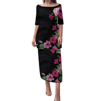 Hawaiian Hibiscus and Art Polynesian Tattoo Puletasi Black Color LT03 Long Dress Black - Polynesian Pride