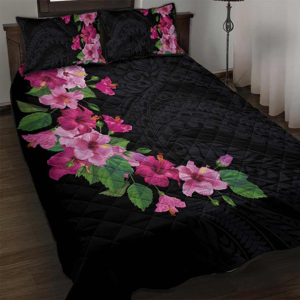 Hawaiian Hibiscus and Art Polynesian Tattoo Quilt Bed Set Black Color