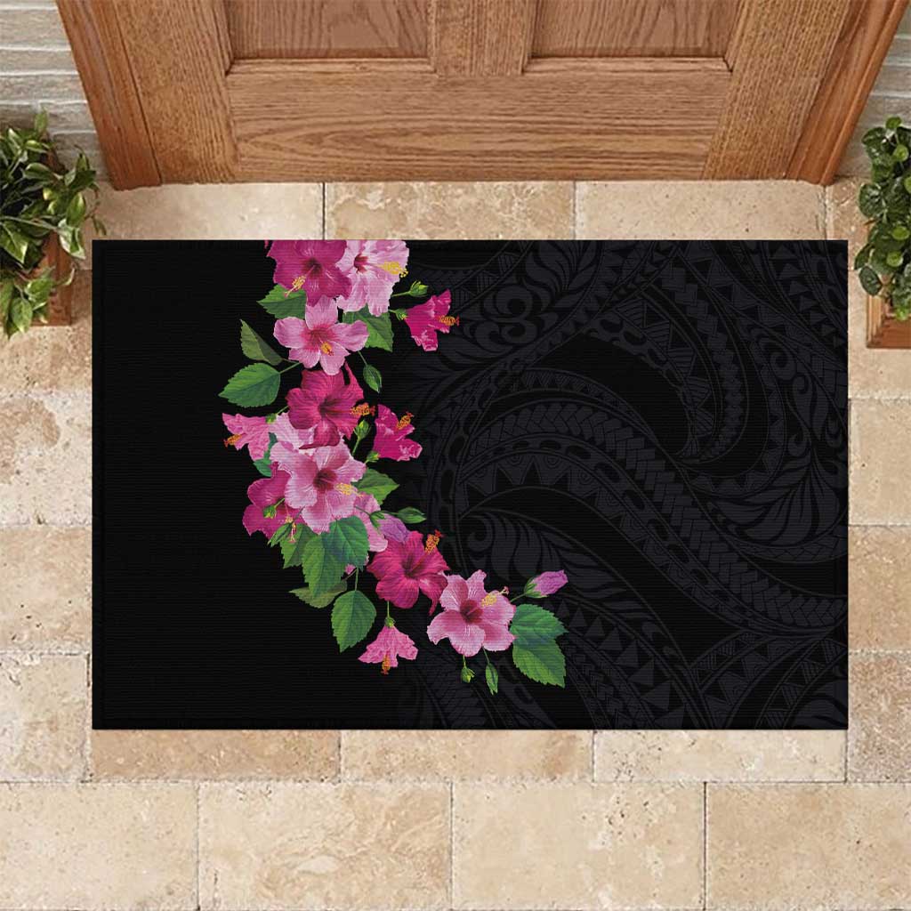 Hawaiian Hibiscus and Art Polynesian Tattoo Rubber Doormat Black Color LT03 Black - Polynesian Pride