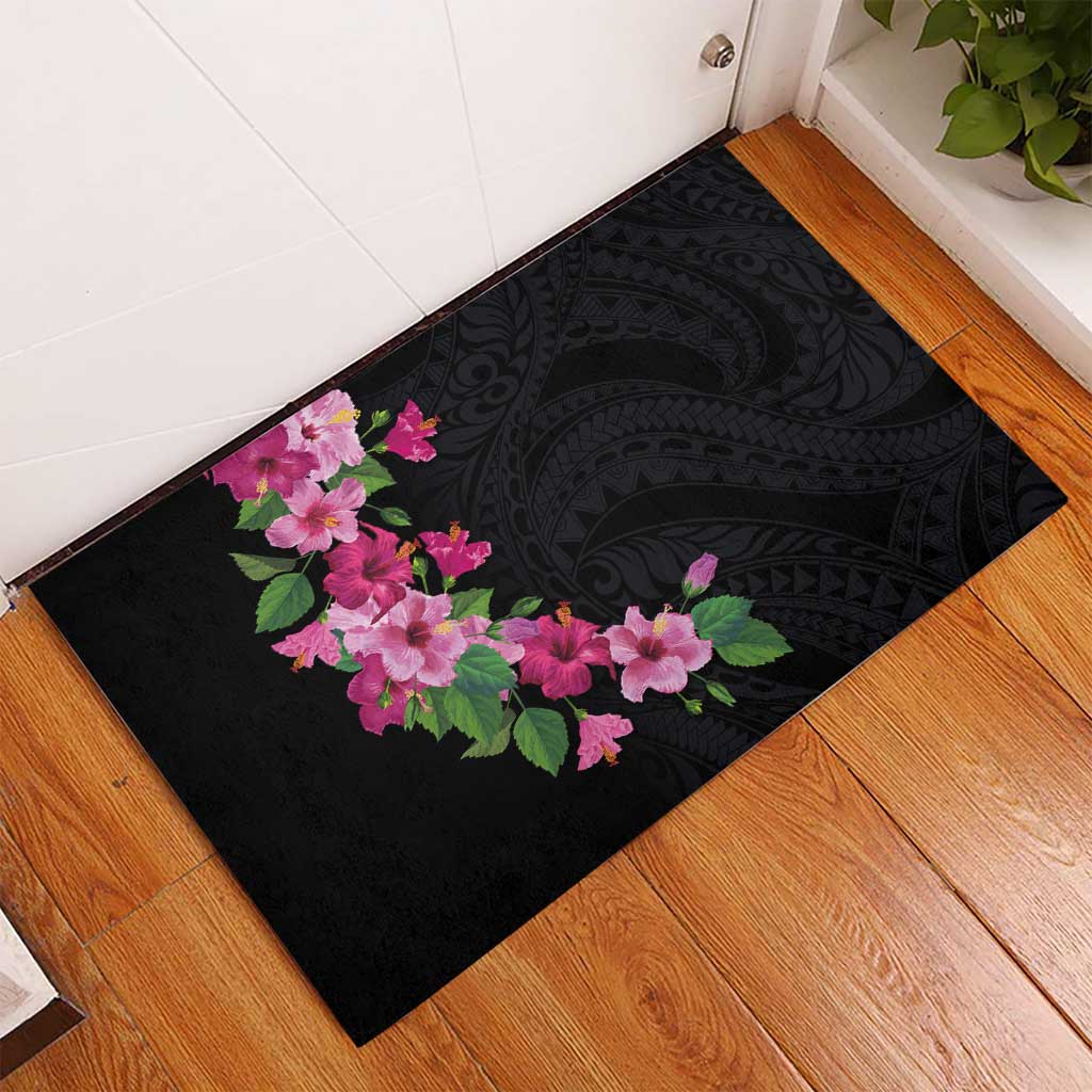 Hawaiian Hibiscus and Art Polynesian Tattoo Rubber Doormat Black Color LT03 - Polynesian Pride