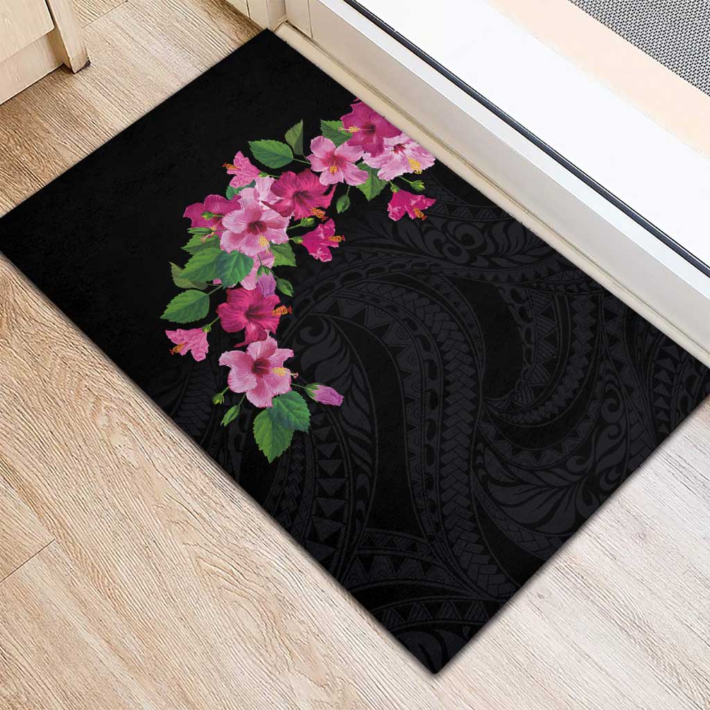 Hawaiian Hibiscus and Art Polynesian Tattoo Rubber Doormat Black Color LT03 - Polynesian Pride
