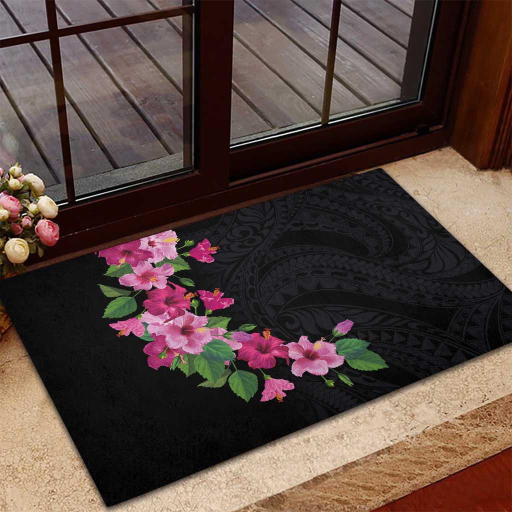 Hawaiian Hibiscus and Art Polynesian Tattoo Rubber Doormat Black Color LT03 - Polynesian Pride