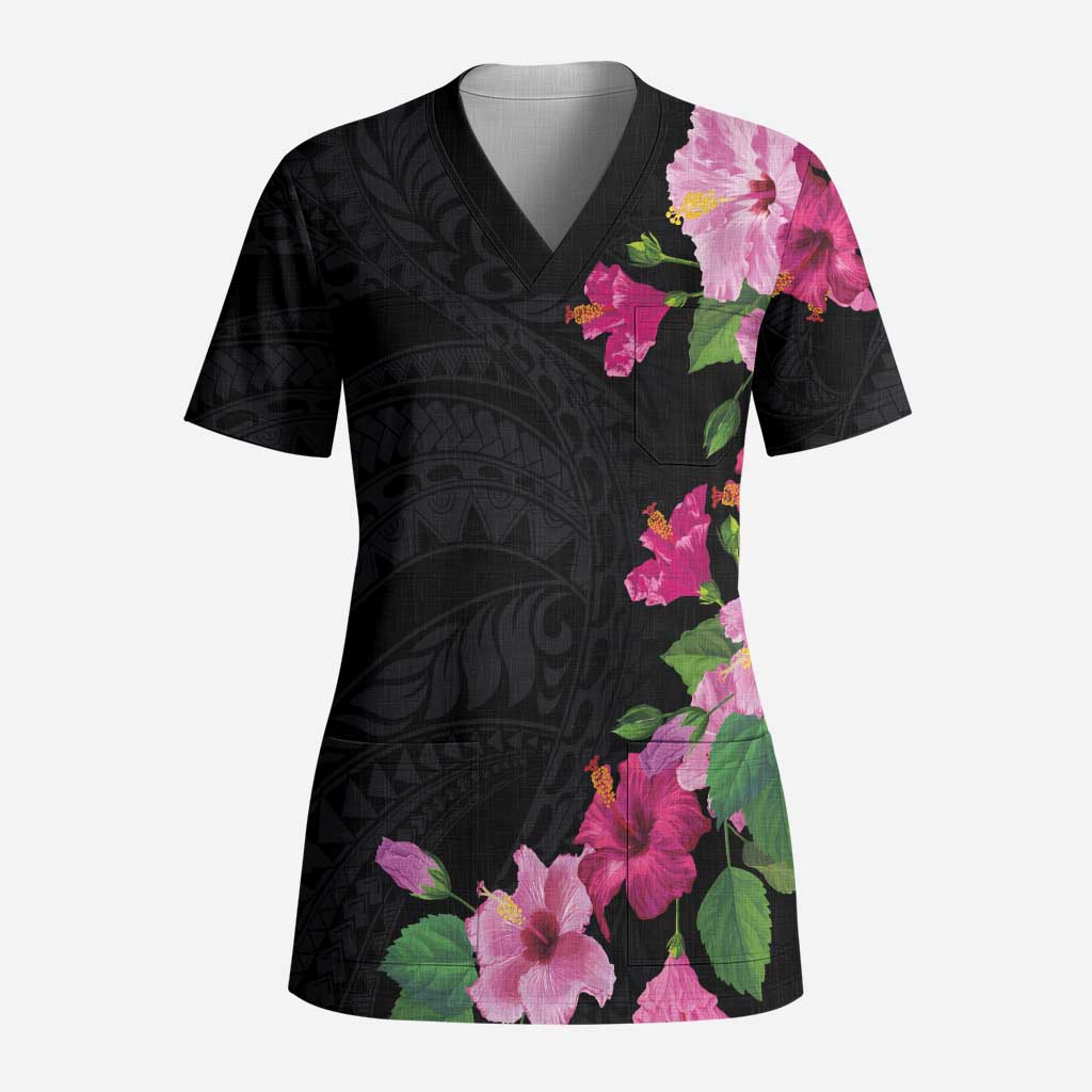 Hawaiian Hibiscus and Art Polynesian Tattoo Scrub Top Black Color LT03 Adult Black - Polynesian Pride