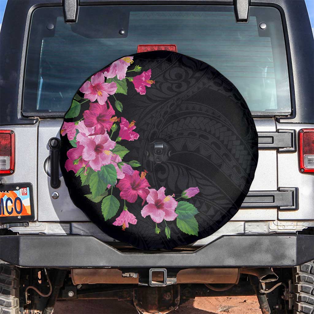 Hawaiian Hibiscus and Art Polynesian Tattoo Spare Tire Cover Black Color LT03 Black - Polynesian Pride