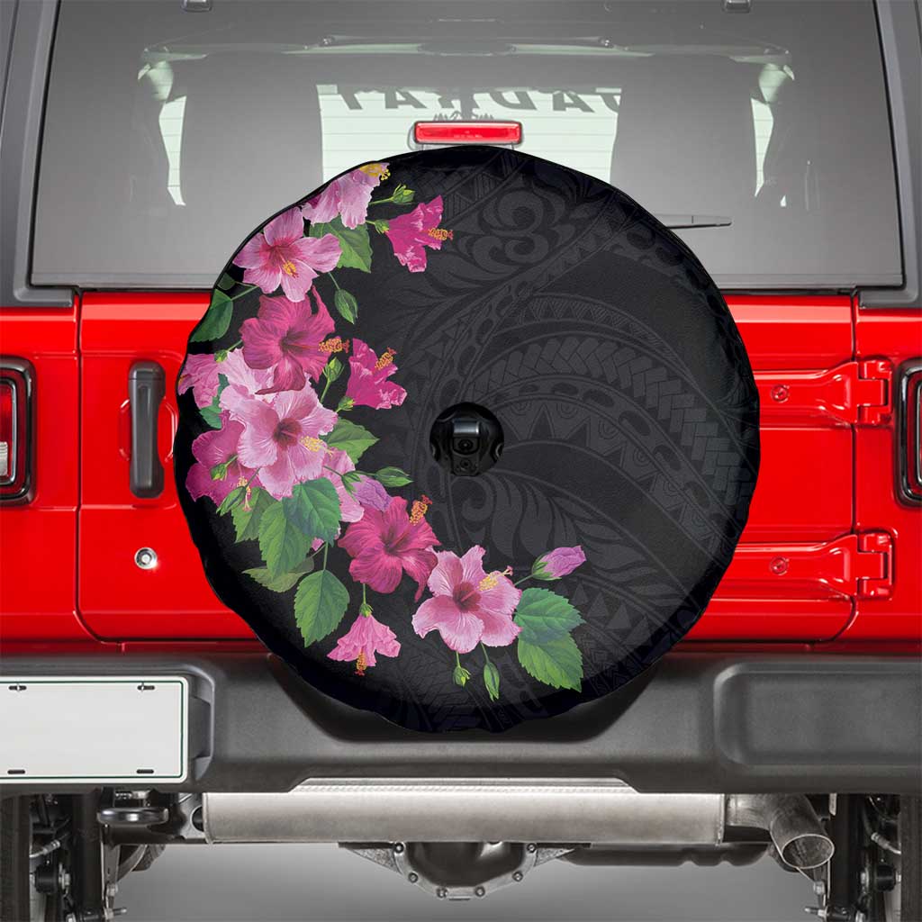 Hawaiian Hibiscus and Art Polynesian Tattoo Spare Tire Cover Black Color LT03 - Polynesian Pride