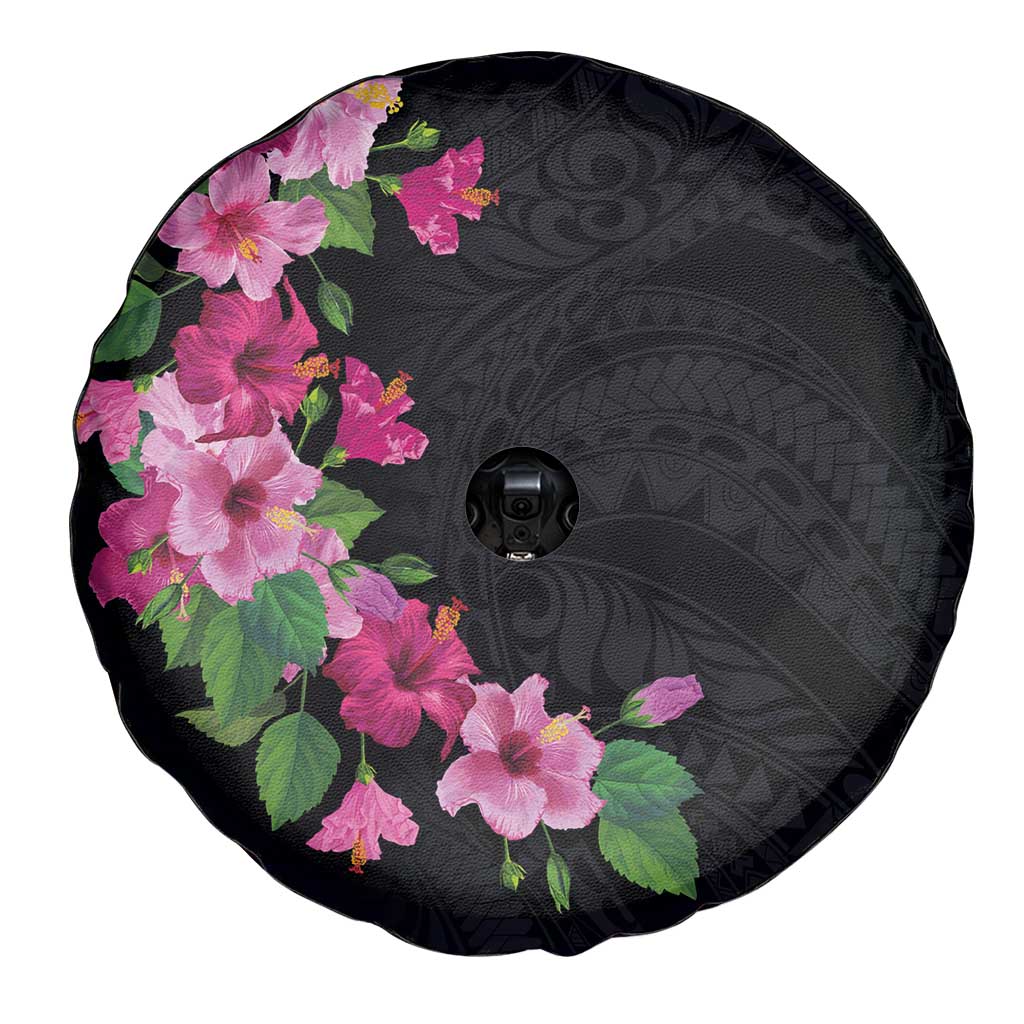 Hawaiian Hibiscus and Art Polynesian Tattoo Spare Tire Cover Black Color LT03 - Polynesian Pride