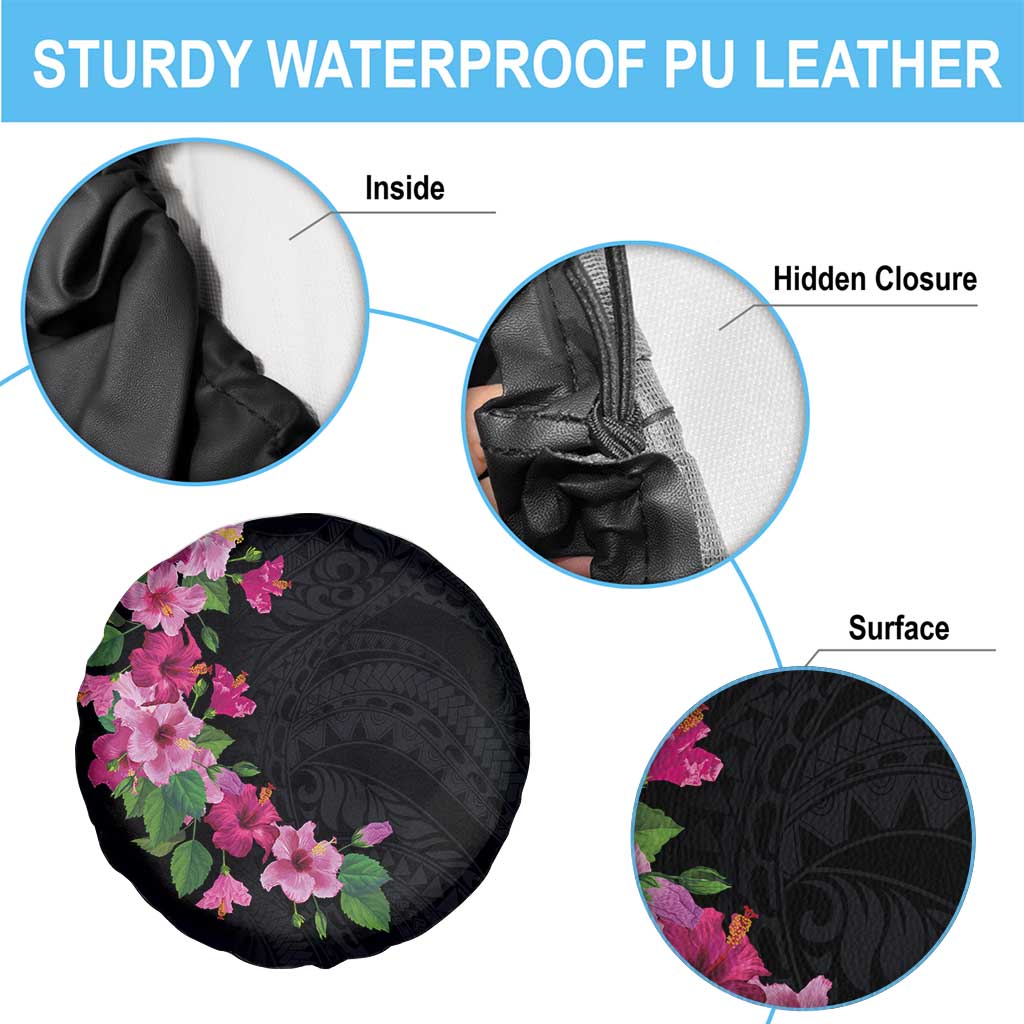 Hawaiian Hibiscus and Art Polynesian Tattoo Spare Tire Cover Black Color LT03 - Polynesian Pride