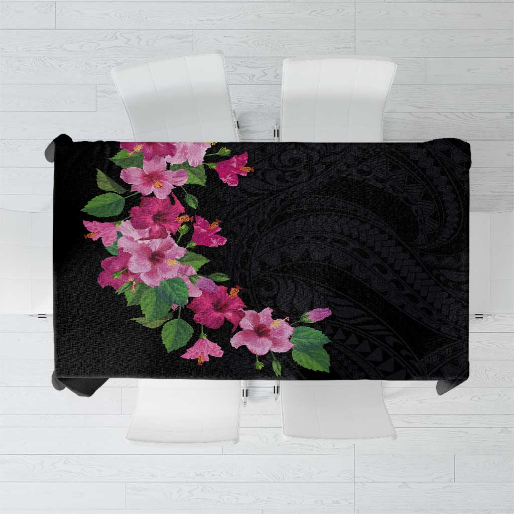 Hawaiian Hibiscus and Art Polynesian Tattoo Tablecloth Black Color