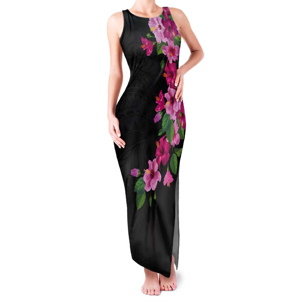 Hawaiian Hibiscus and Art Polynesian Tattoo Tank Maxi Dress Black Color