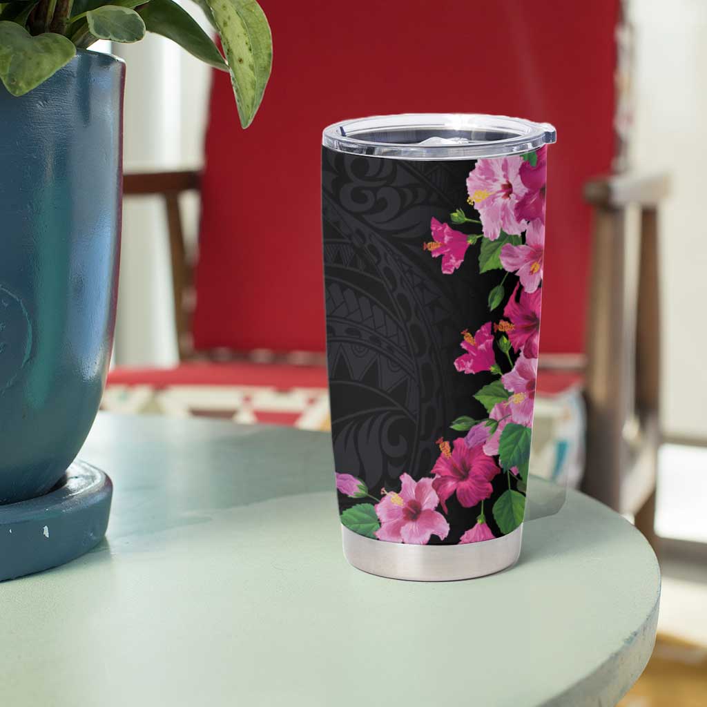 Hawaiian Hibiscus and Art Polynesian Tattoo Tumbler Cup Black Color LT03 - Polynesian Pride