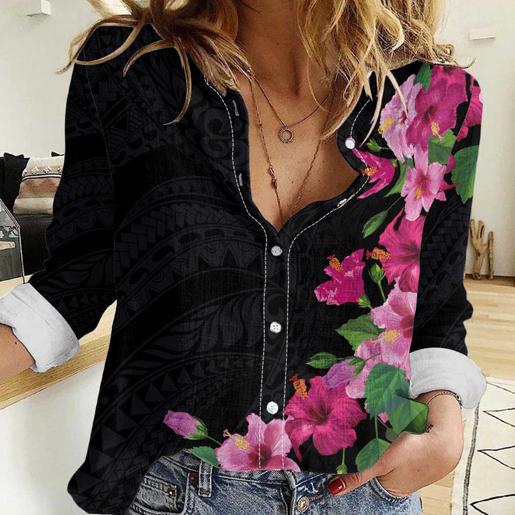 Hawaiian Hibiscus and Art Polynesian Tattoo Women Casual Shirt Black Color