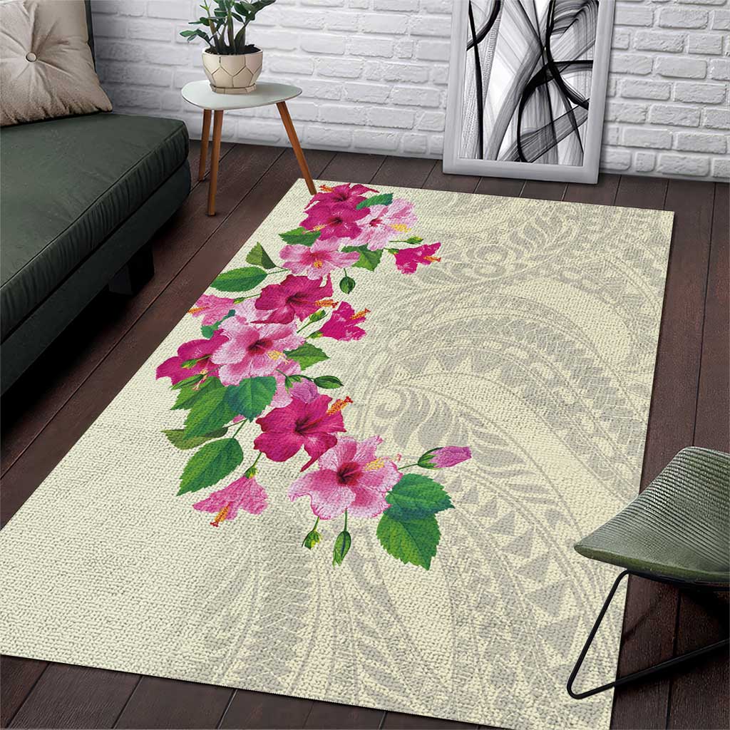 Hawaiian Hibiscus and Art Polynesian Tattoo Area Rug Beige Color LT03 Beige - Polynesian Pride