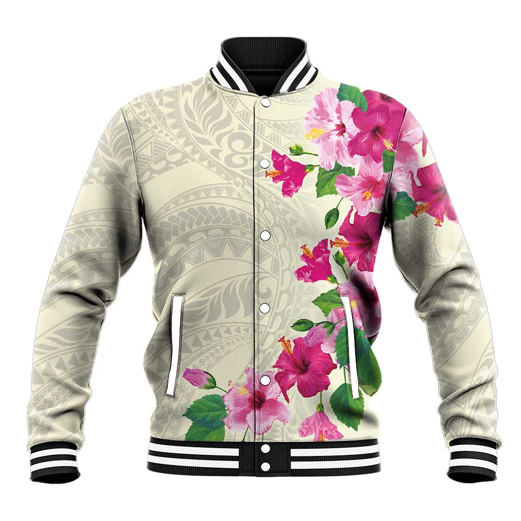 Hawaiian Hibiscus and Art Polynesian Tattoo Baseball Jacket Beige Color LT03 Unisex Beige - Polynesian Pride