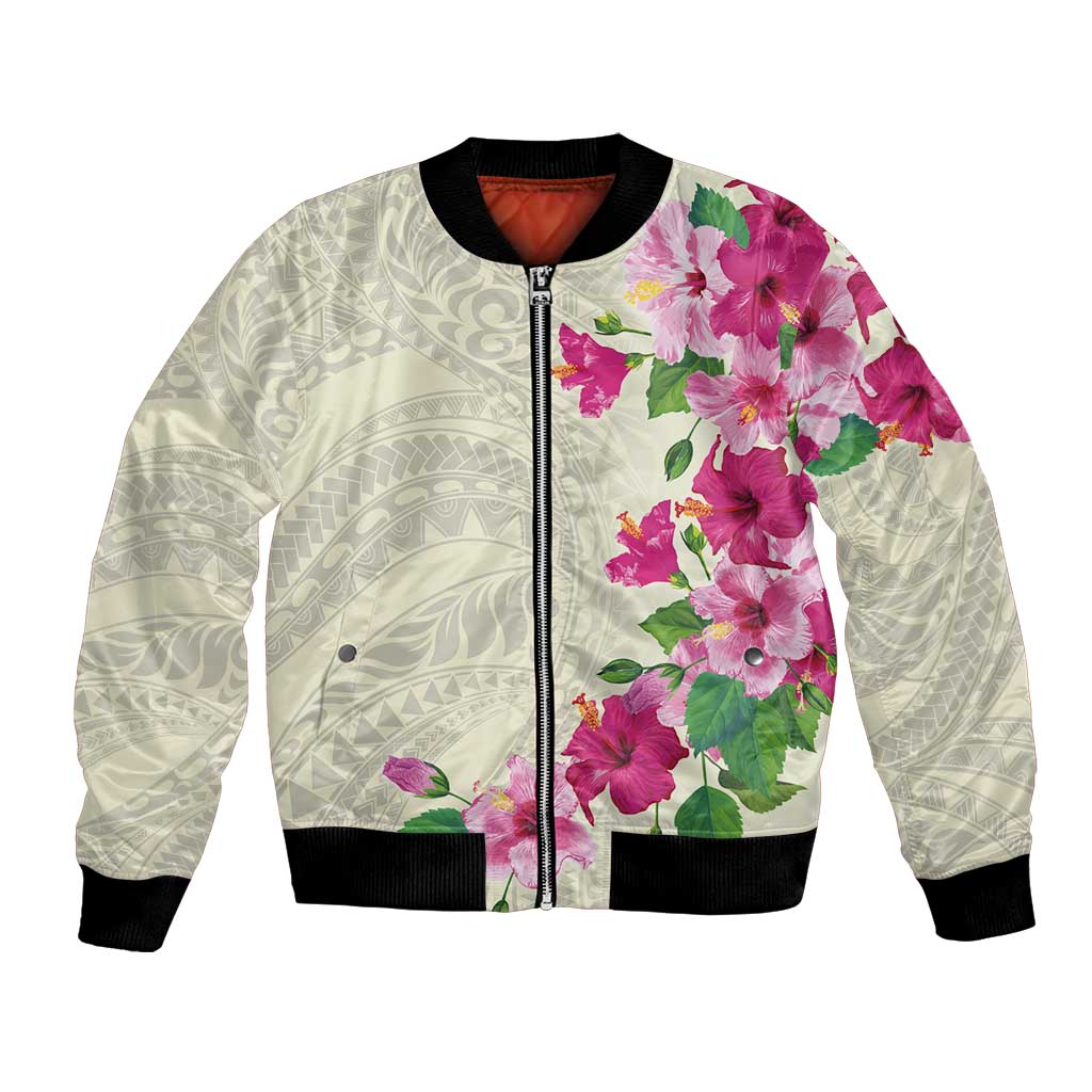 Hawaiian Hibiscus and Art Polynesian Tattoo Bomber Jacket Beige Color LT03 Unisex Beige - Polynesian Pride
