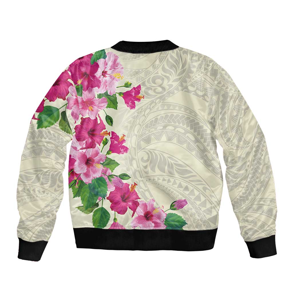 Hawaiian Hibiscus and Art Polynesian Tattoo Bomber Jacket Beige Color LT03 - Polynesian Pride