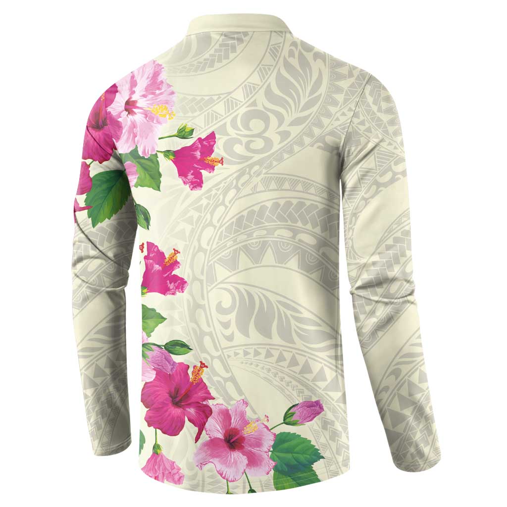 Hawaiian Hibiscus and Art Polynesian Tattoo Button Sweatshirt Beige Color LT03 - Polynesian Pride