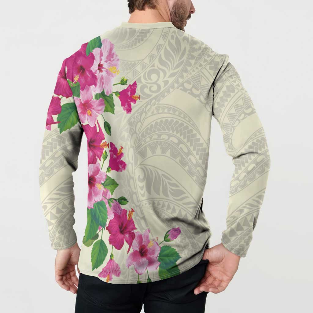 Hawaiian Hibiscus and Art Polynesian Tattoo Button Sweatshirt Beige Color LT03 - Polynesian Pride