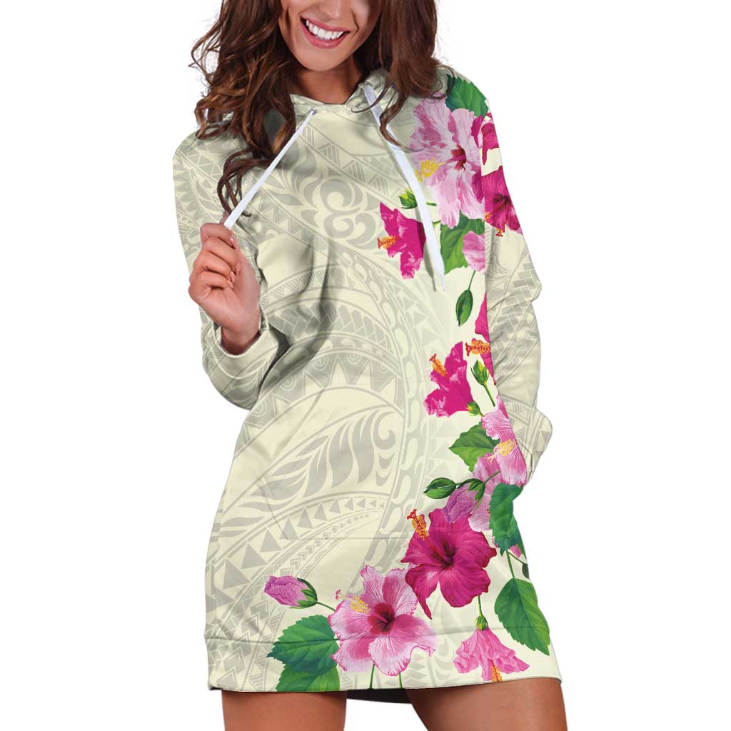 Hawaiian Hibiscus and Art Polynesian Tattoo Hoodie Dress Beige Color