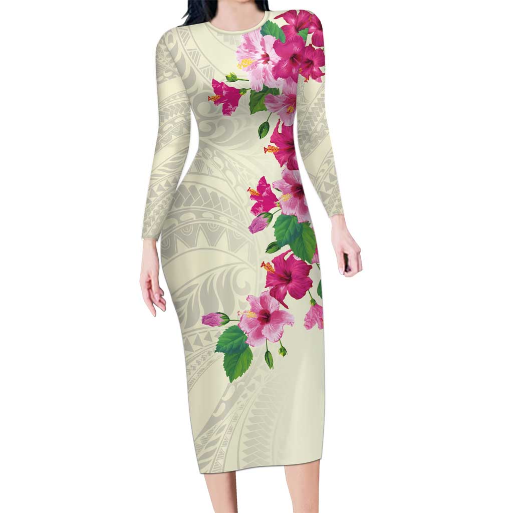 Hawaiian Hibiscus and Art Polynesian Tattoo Long Sleeve Bodycon Dress Beige Color