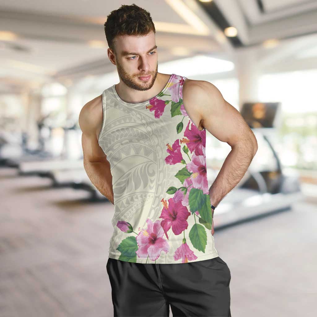 Hawaiian Hibiscus and Art Polynesian Tattoo Men Tank Top Beige Color