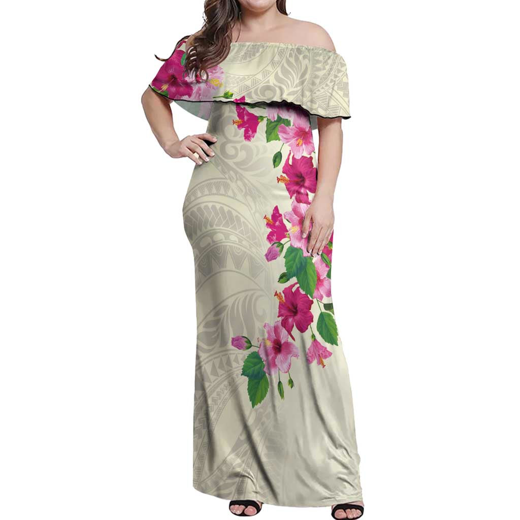 Hawaiian Hibiscus and Art Polynesian Tattoo Off Shoulder Maxi Dress Beige Color