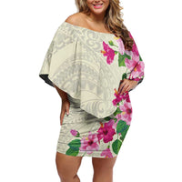 Hawaiian Hibiscus and Art Polynesian Tattoo Off Shoulder Short Dress Beige Color LT03 Women Beige - Polynesian Pride