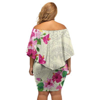 Hawaiian Hibiscus and Art Polynesian Tattoo Off Shoulder Short Dress Beige Color LT03 - Polynesian Pride