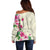 Hawaiian Hibiscus and Art Polynesian Tattoo Off Shoulder Sweater Beige Color