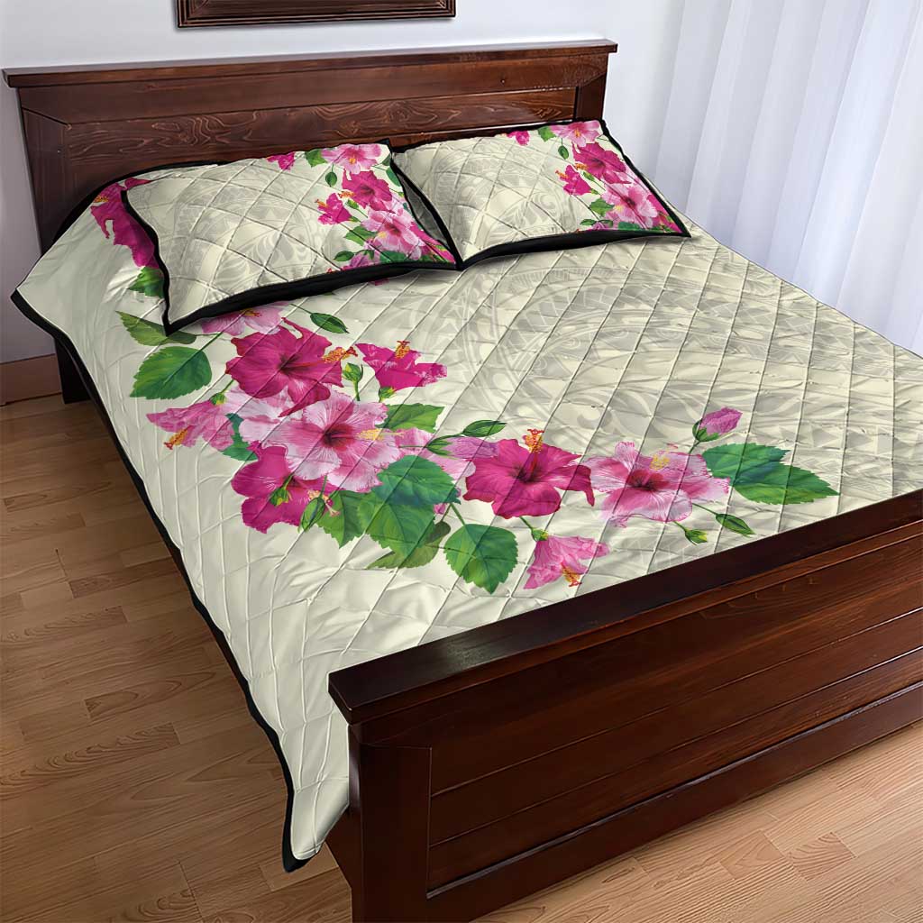 Hawaiian Hibiscus and Art Polynesian Tattoo Quilt Bed Set Beige Color LT03 - Polynesian Pride
