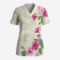 Hawaiian Hibiscus and Art Polynesian Tattoo Scrub Top Beige Color LT03 Adult Beige - Polynesian Pride