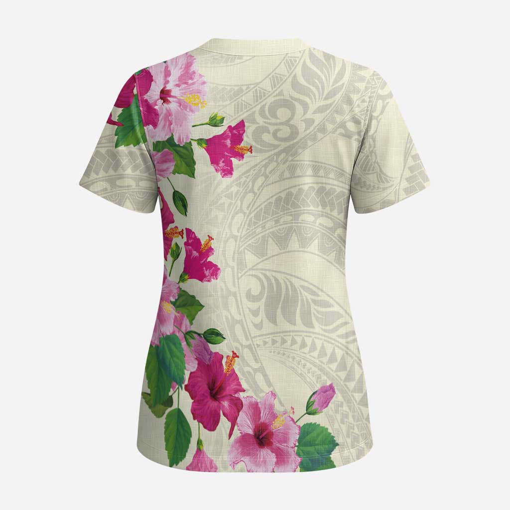 Hawaiian Hibiscus and Art Polynesian Tattoo Scrub Top Beige Color LT03 - Polynesian Pride