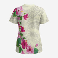Hawaiian Hibiscus and Art Polynesian Tattoo Scrub Top Beige Color LT03 - Polynesian Pride