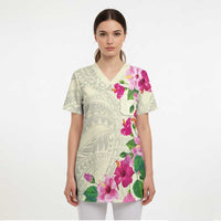 Hawaiian Hibiscus and Art Polynesian Tattoo Scrub Top Beige Color LT03 - Polynesian Pride