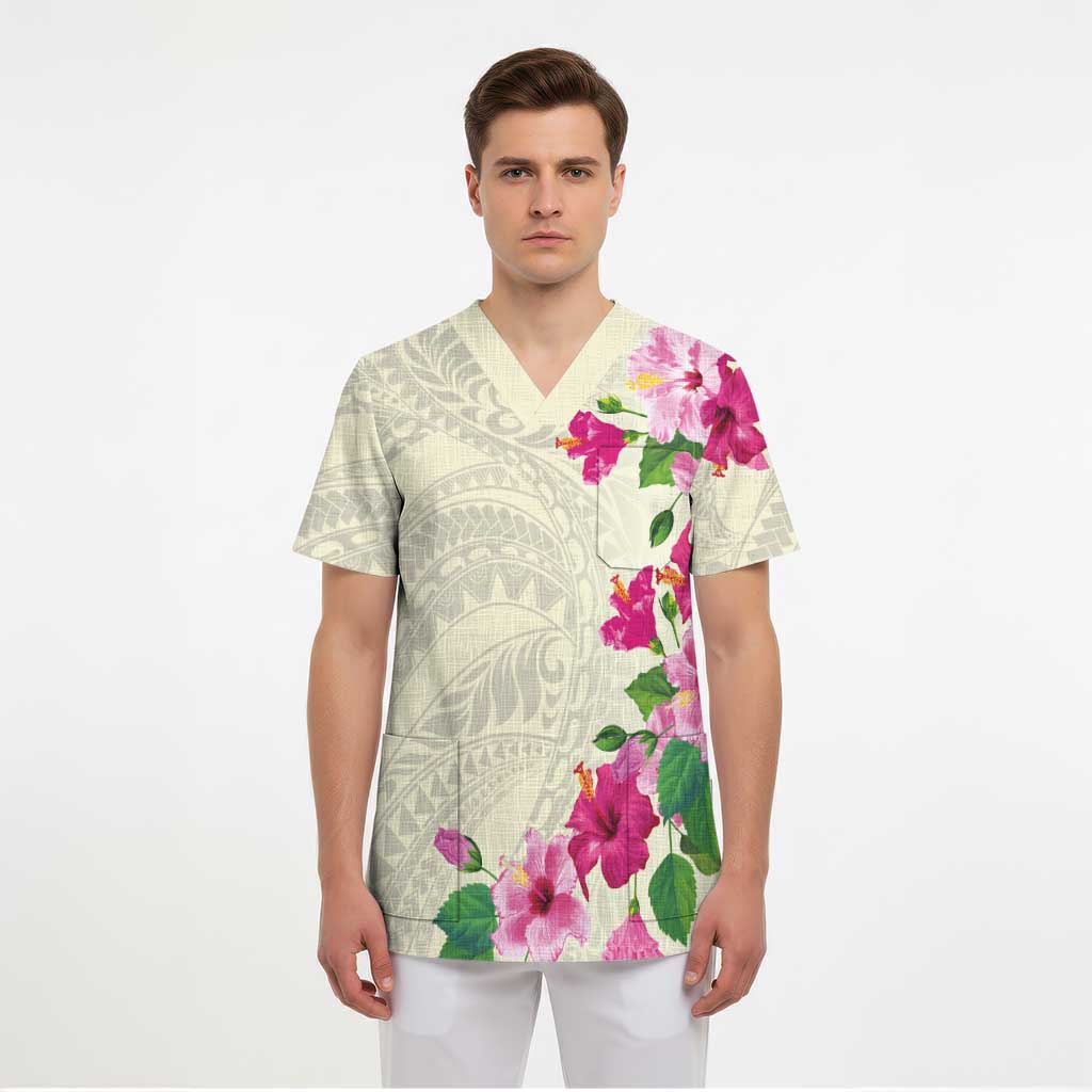Hawaiian Hibiscus and Art Polynesian Tattoo Scrub Top Beige Color LT03 - Polynesian Pride