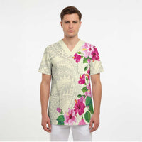 Hawaiian Hibiscus and Art Polynesian Tattoo Scrub Top Beige Color LT03 - Polynesian Pride