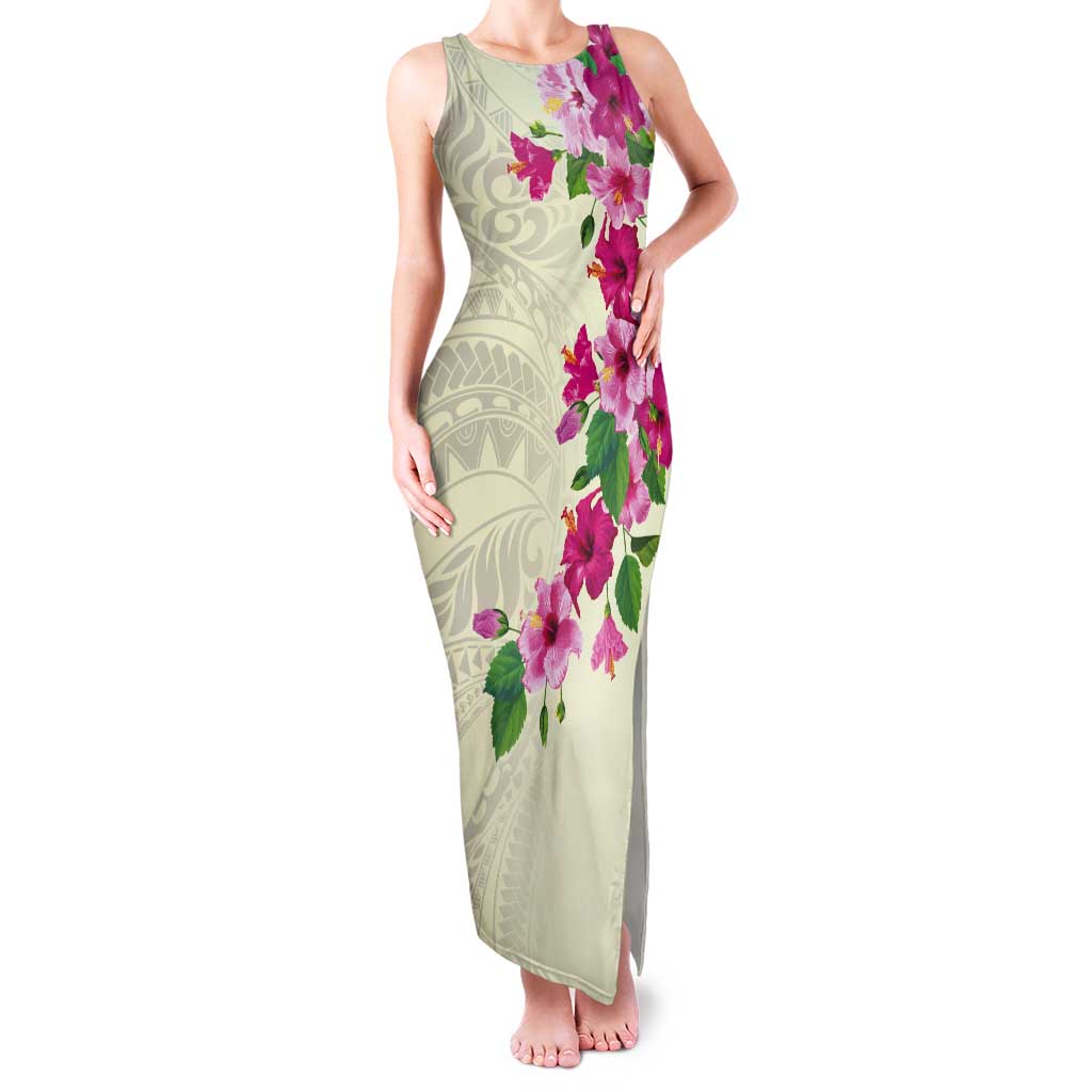 Hawaiian Hibiscus and Art Polynesian Tattoo Tank Maxi Dress Beige Color